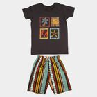 Boys Charcoal Cotton Crew Neck Graphic Print Baba Suit, Charcoal, small