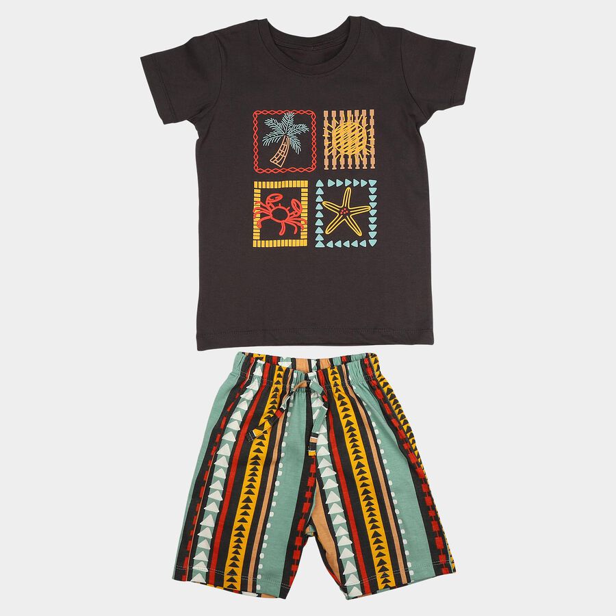 Boys Charcoal Cotton Crew Neck Graphic Print Baba Suit, Charcoal, large