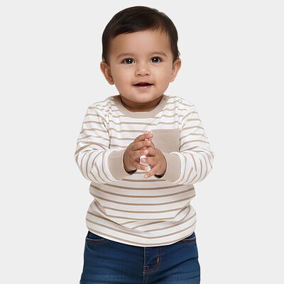 Infants' Beige and White Cotton Crew Neck Casual T-Shirt