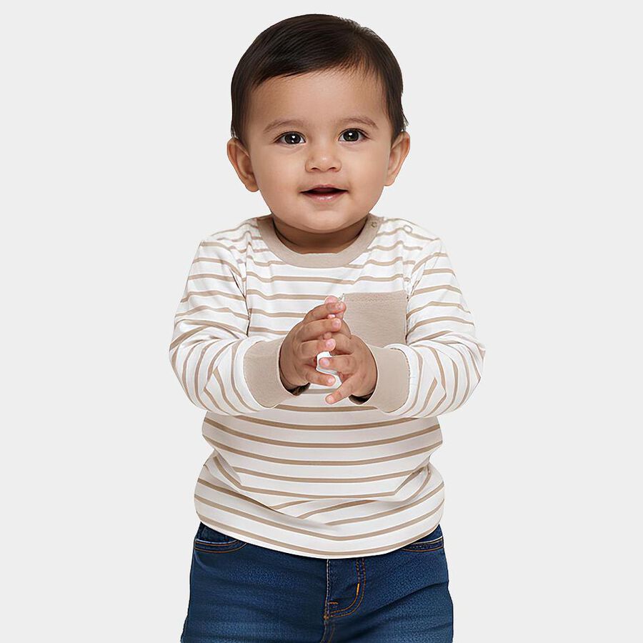 Infants' Beige and White Cotton Crew Neck Casual T-Shirt, Beige, large image number null
