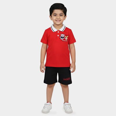 Infants' Red Cotton Polo Neck Cartoon Print Baba Suit