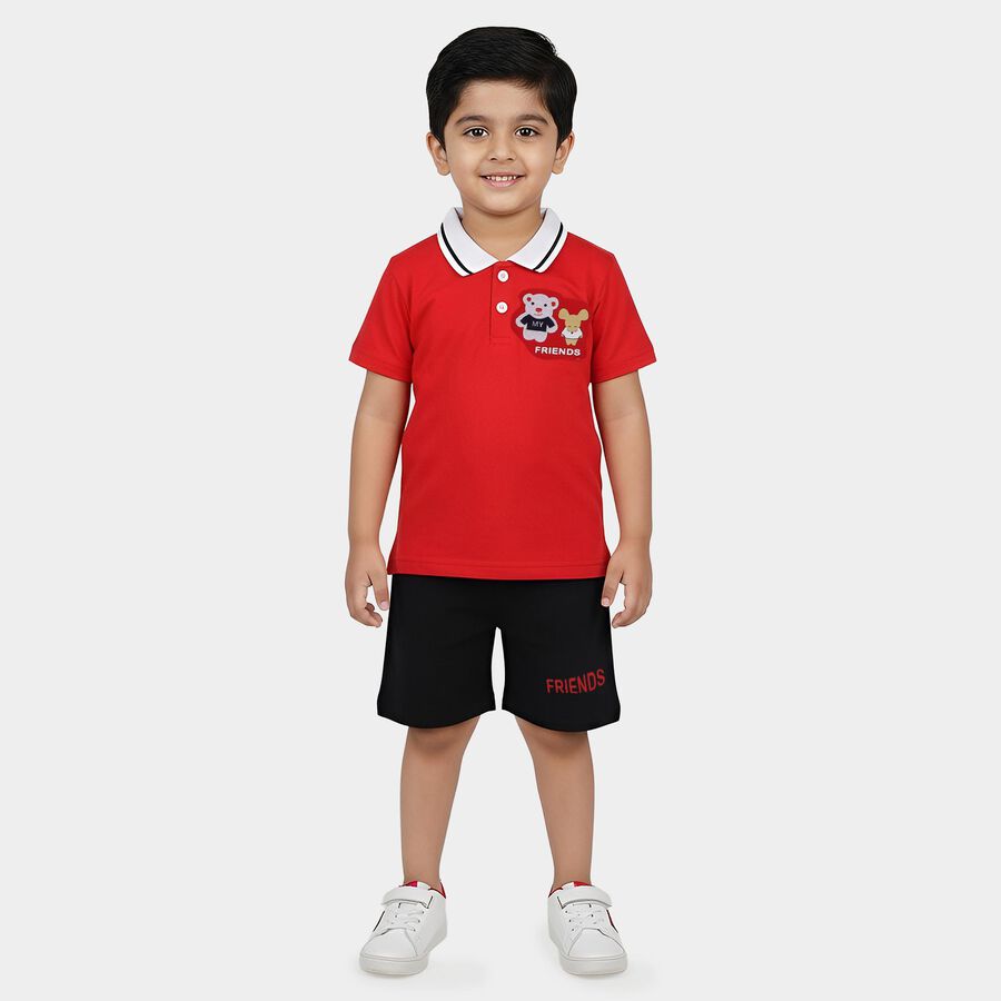 Infants' Red Cotton Polo Neck Cartoon Print Baba Suit, लाल, large