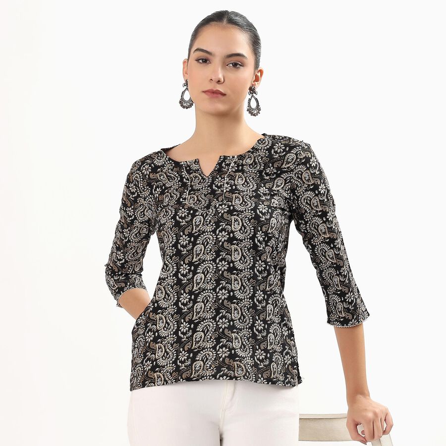 Women's Black Round Neck Printed Kurti, Black, large image number null