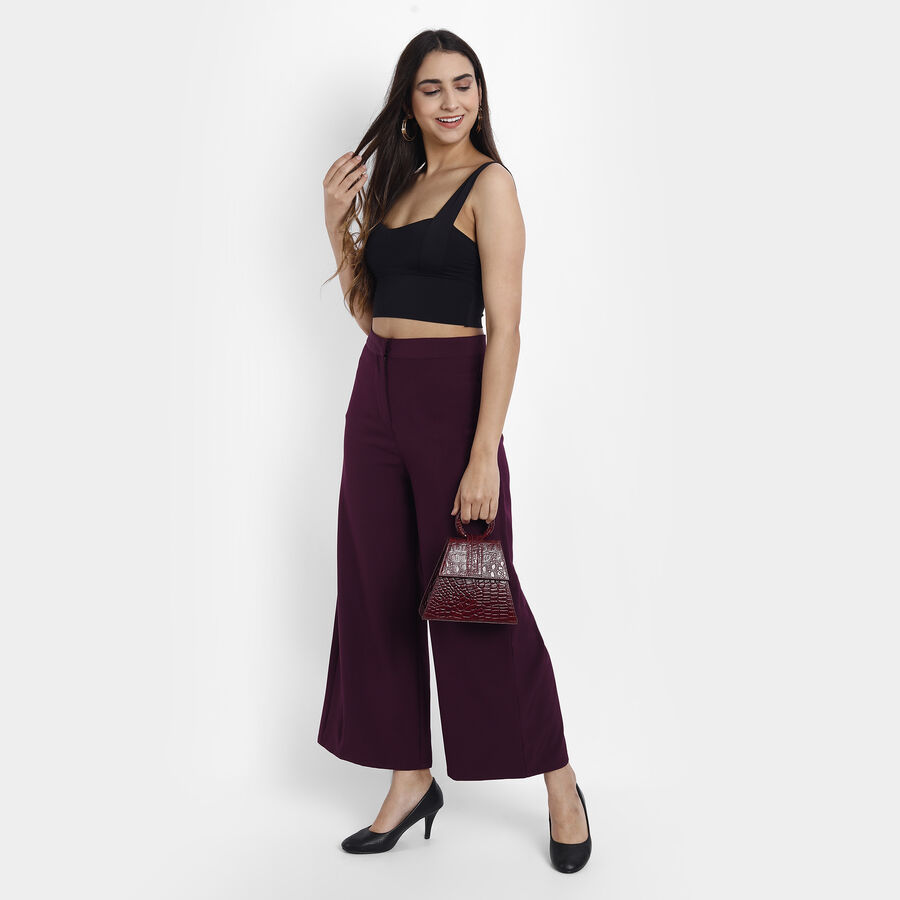 Solid Flared High Rise Trousers, Wine, large image number null