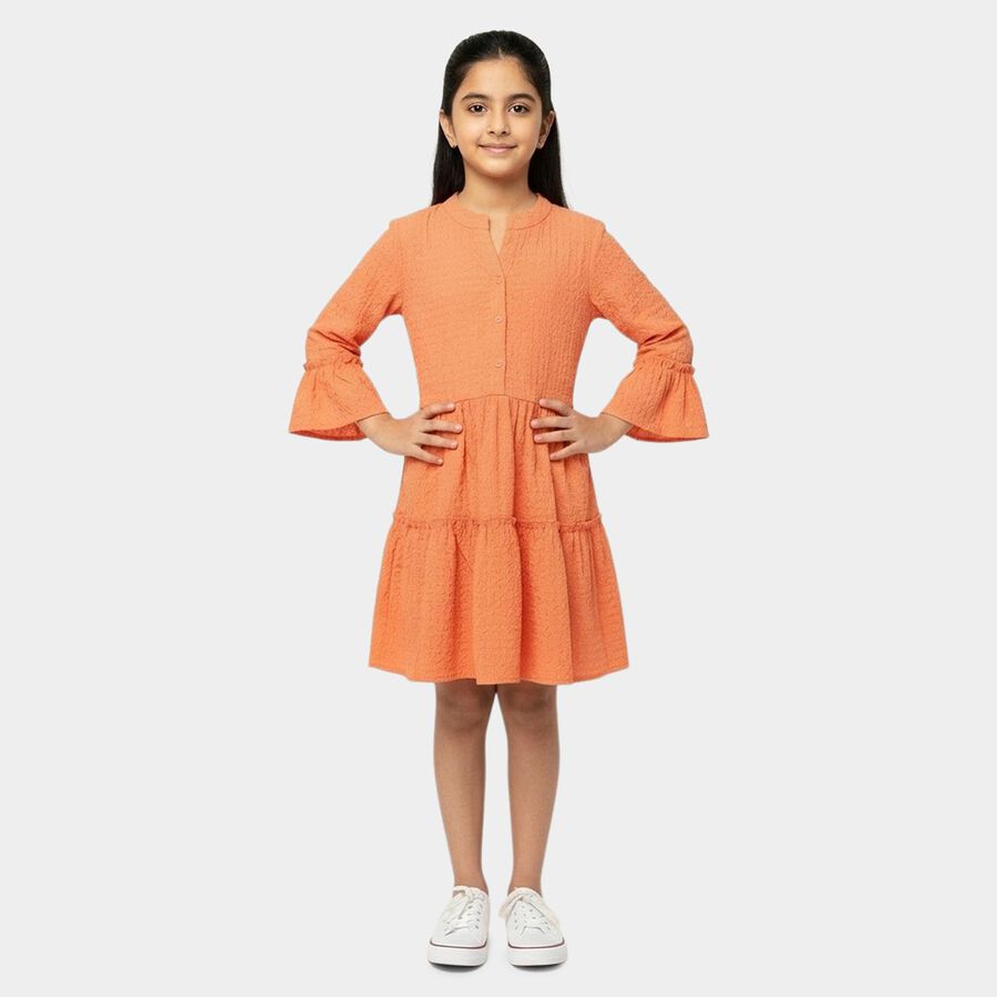 Girls' Orange Round Neck Textured Fit and Flare Dress, Orange, large