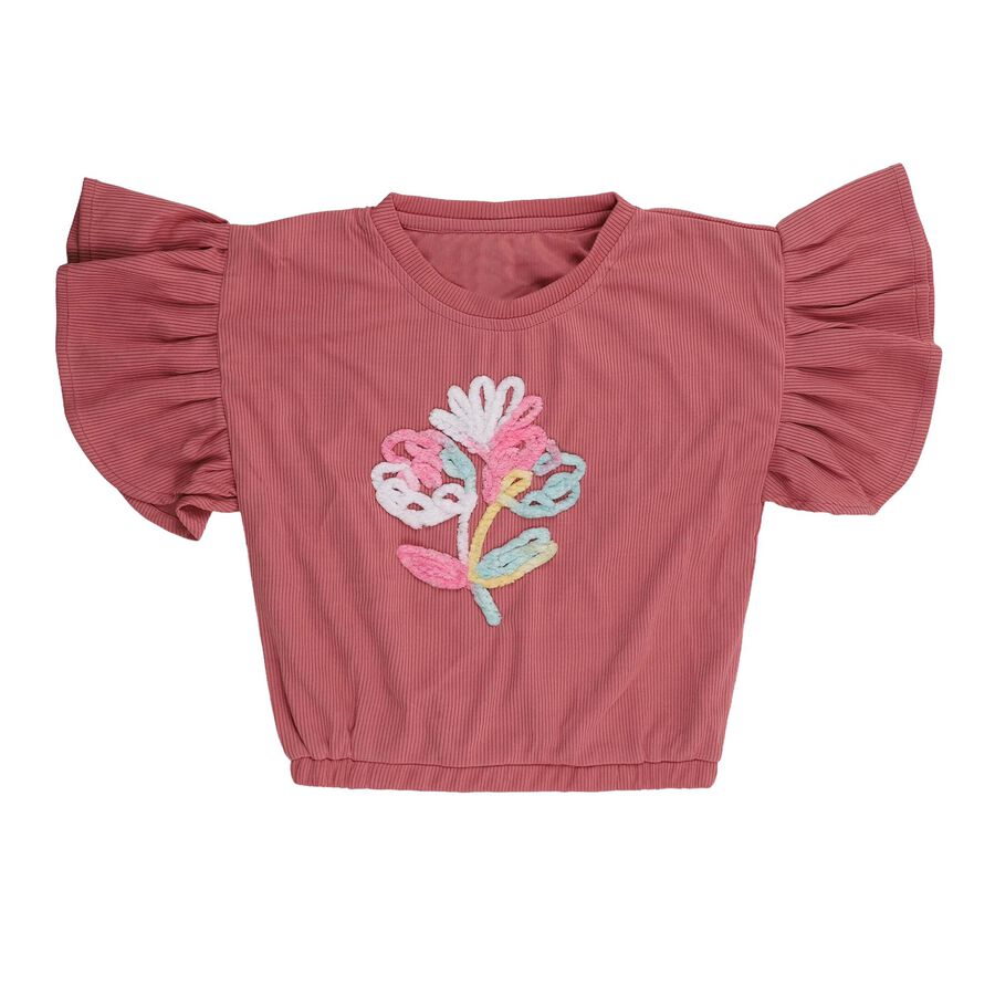 Girls' Dusty Rose Pink Round Neck Ruffle Sleeve Embroidered T-Shirt, गुलाबी, large