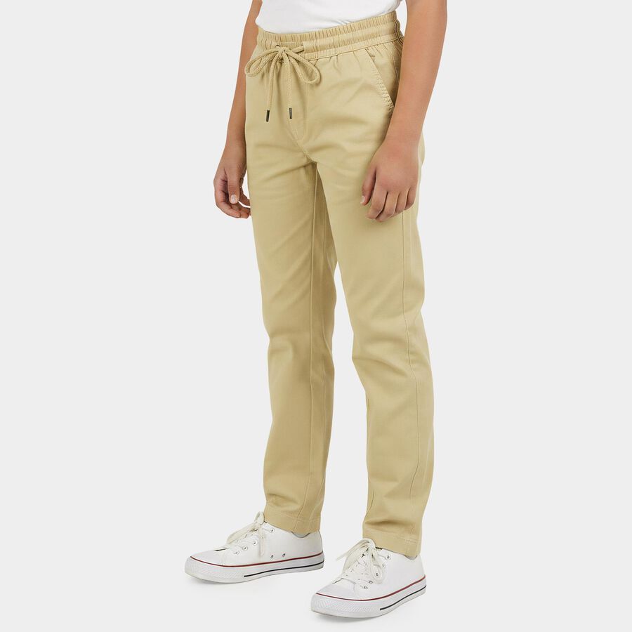 Boys Beige Straight Fit Drawstring Waist Trousers, गहरा पीला, large