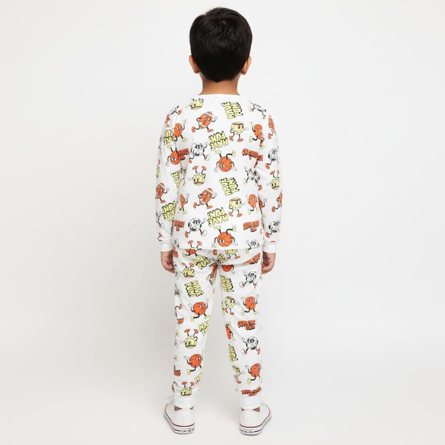 Boys' White Cotton Round Neck Cartoon Printed Baba Suit, सफ़ेद, large image number null