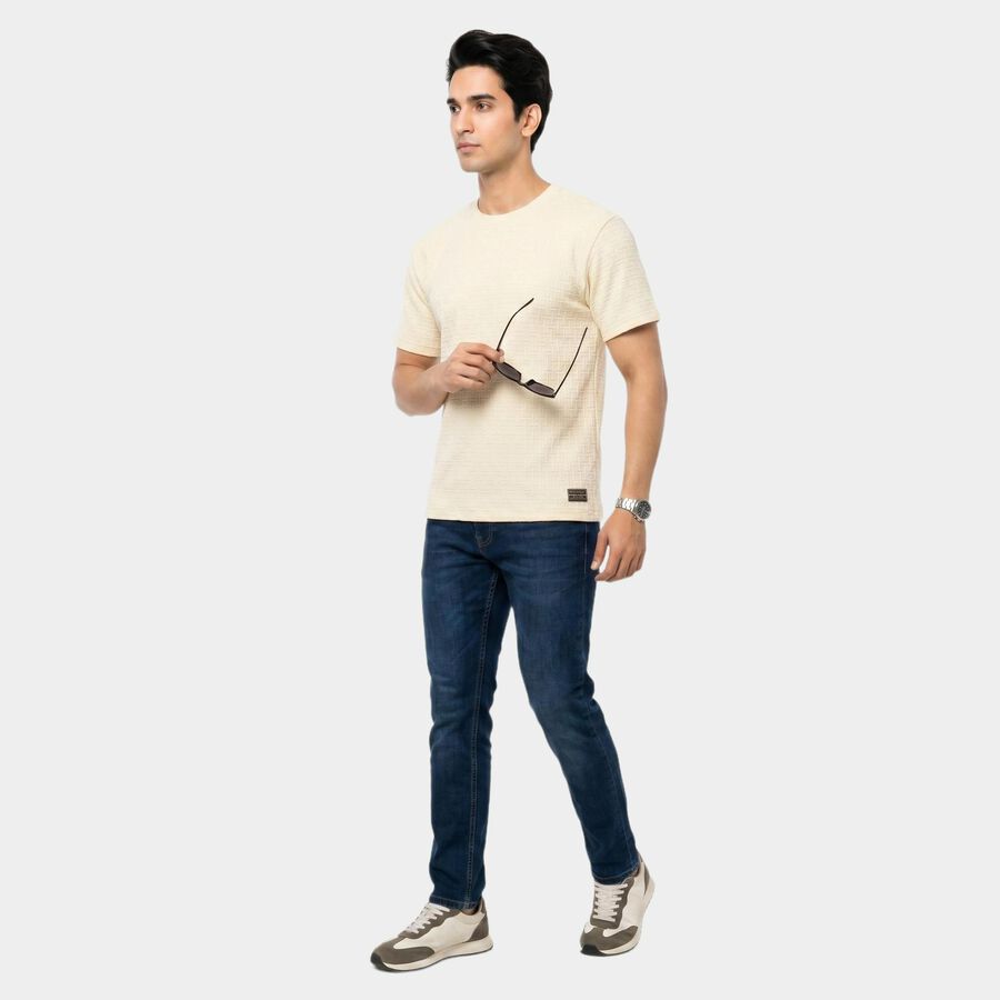 Men's Grey Round Neck Regular T-Shirt, Ecru Melange, large