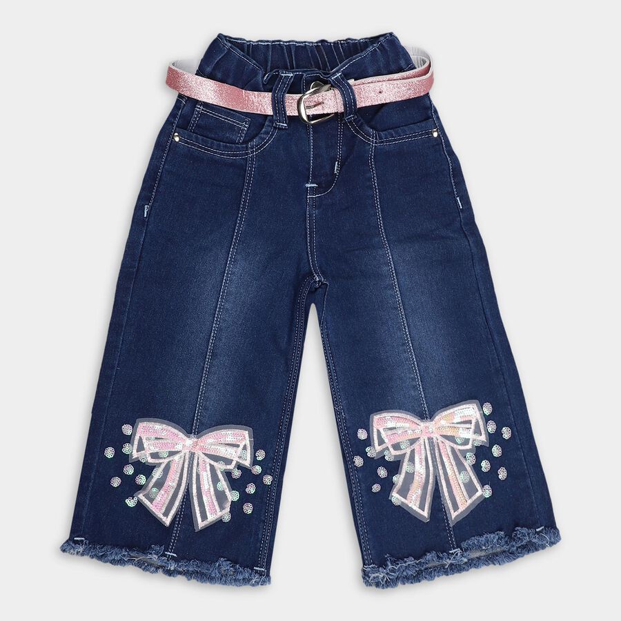 Girls' Deep Indigo Flared Fit Embellished Jeans, मध्यम नीला, large image number null