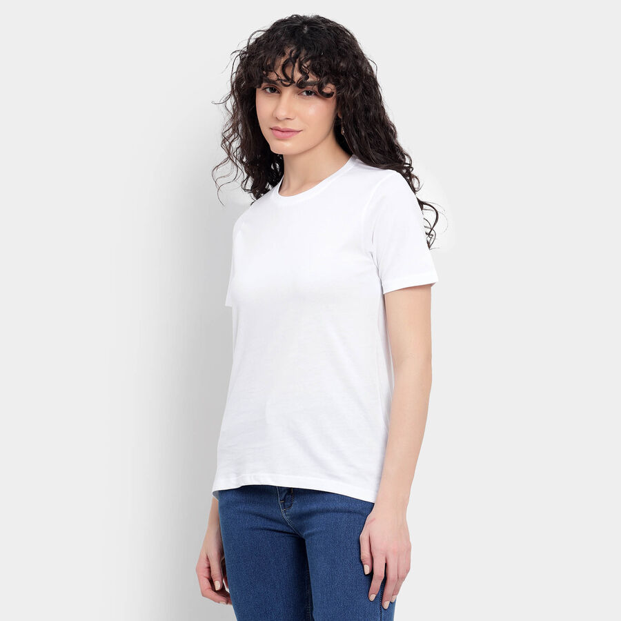 Cotton Solid Round Neck T-Shirt, White, large image number null