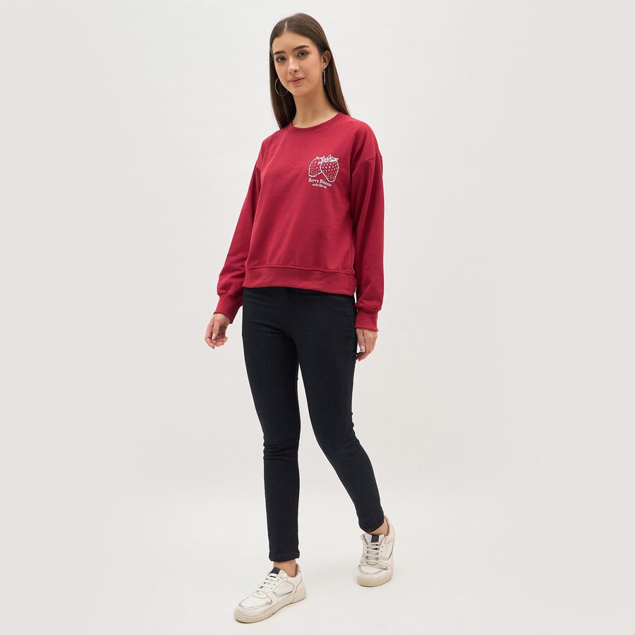 Women's Deep Cherry Red Crew Neck Casual Sweatshirt, Red, large image number null