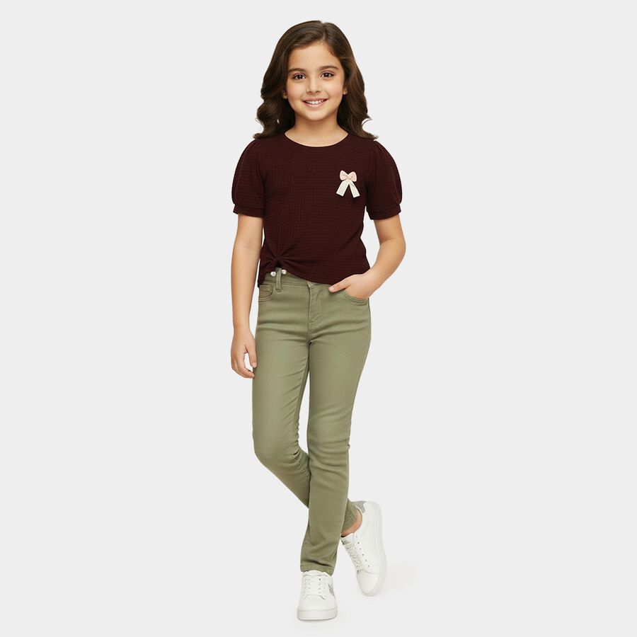 Girls' Maroon Mock Neck Ruffle Detail T-Shirt, Wine, large