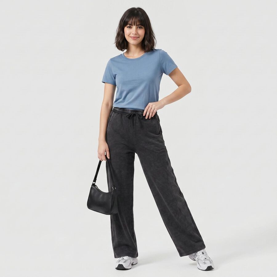 Women's Black Wide Leg Washed Track Pants, Black, large