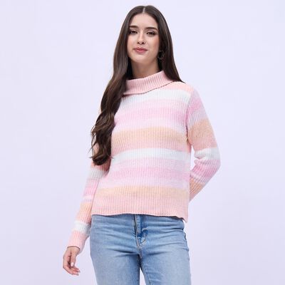 Women's Light Pastel Pink and Peach Turtleneck Casual Pullover