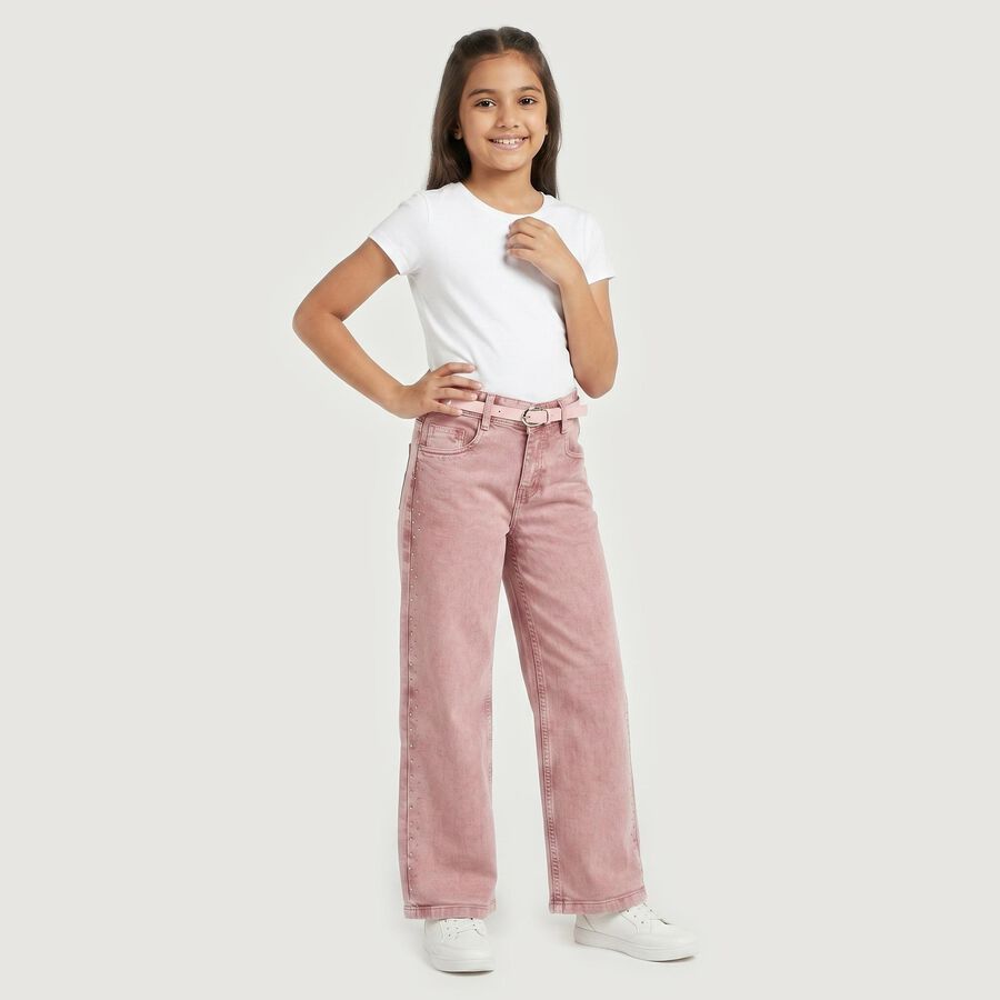 Girls Pink Wide Leg Studded Jeans, Light Pink, large