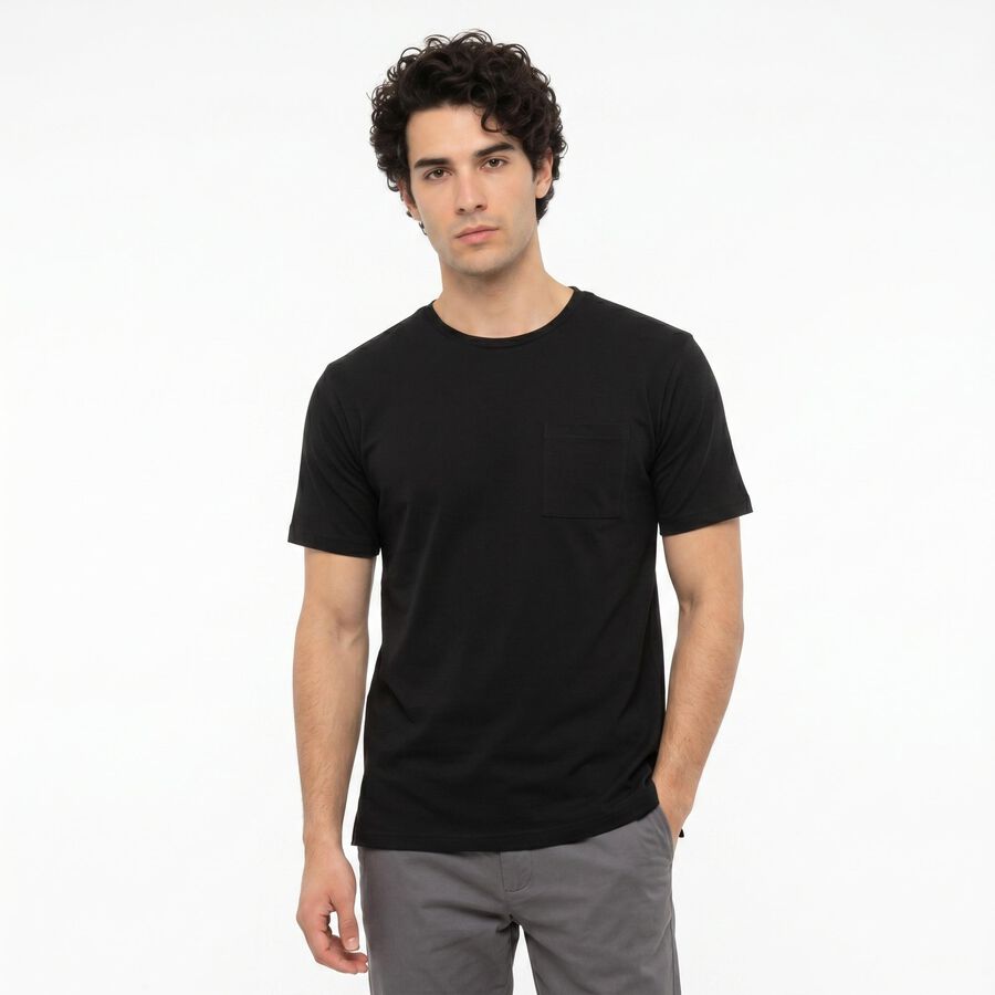 Men's Black Cotton Round Neck Regular T-Shirt, Black, large