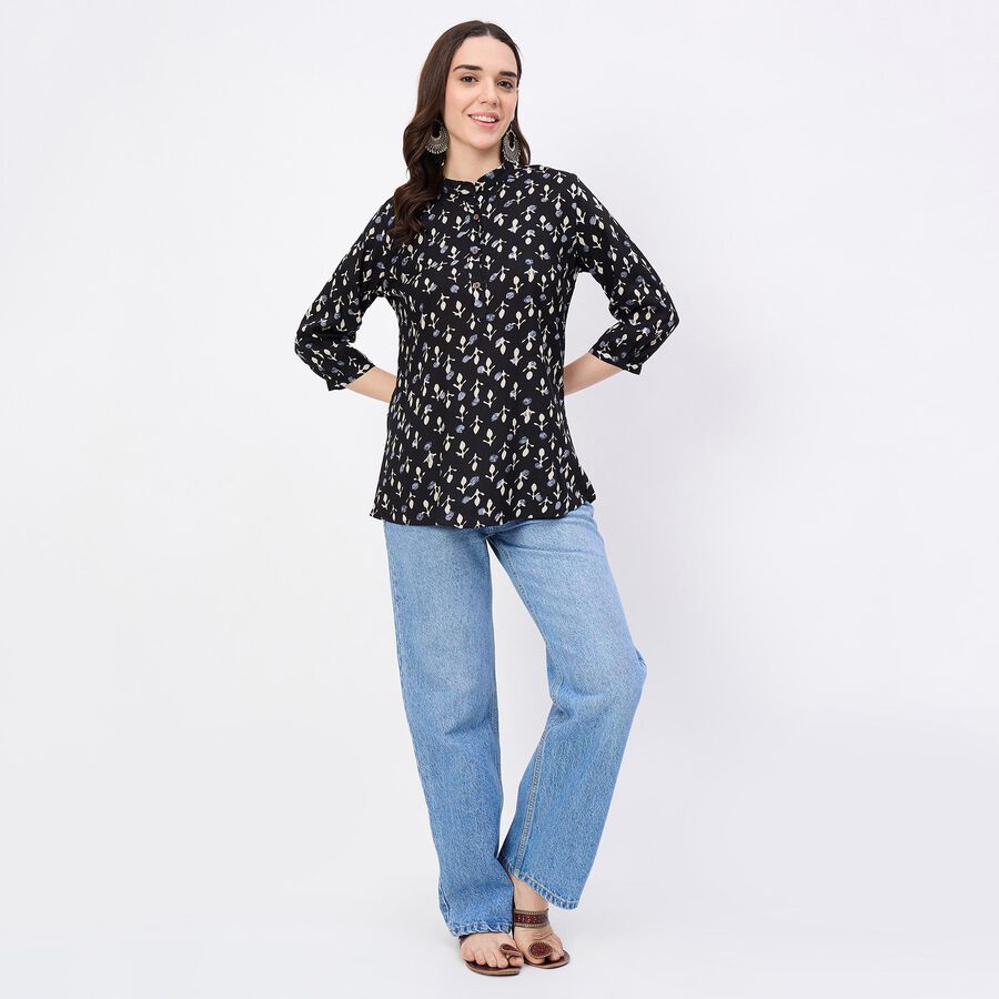 Women's Black Mandarin Collar Printed Sleeveless Kurti, Black, large