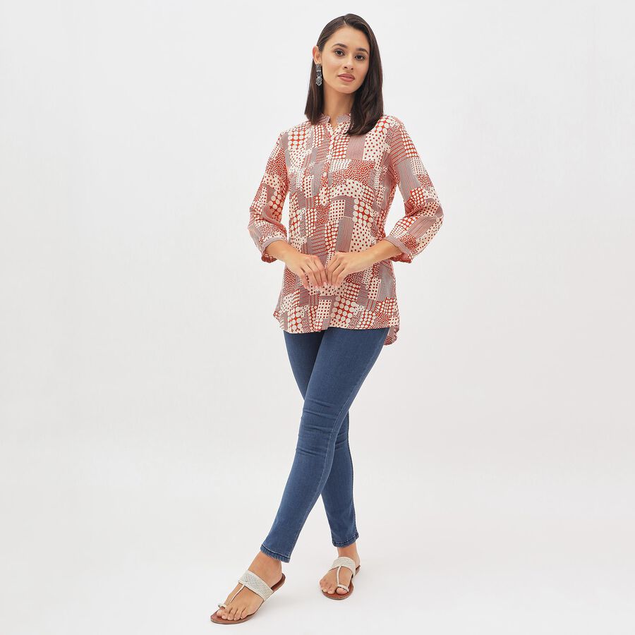 Women's Bright Coral Red Mandarin Collar Printed Kurti, Coral, large image number null