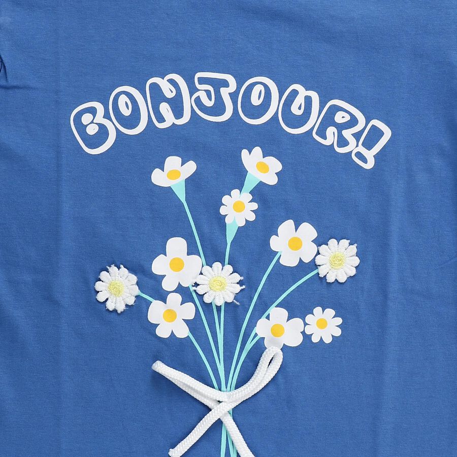 Girls' Navy Blue Cotton Round Neck Casual Graphic Print T-Shirt, गहरा नीला, large