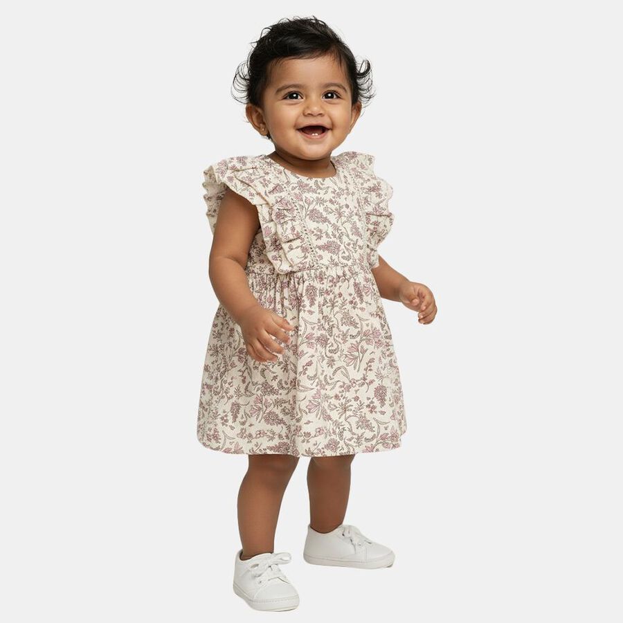 Infants' Beige Floral Printed Ruffle Fit and Flare Frock, Beige, large