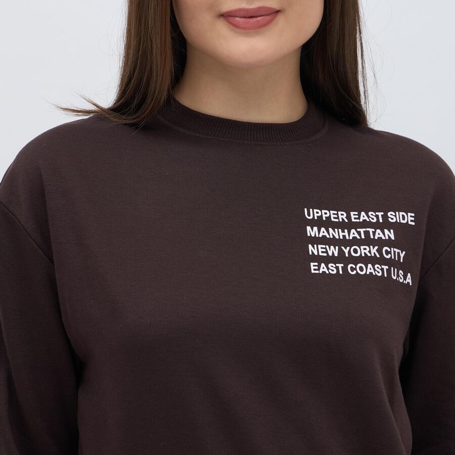 Women's Dark Chocolate Brown Crew Neck Casual Sweatshirt, भूरा, large image number null