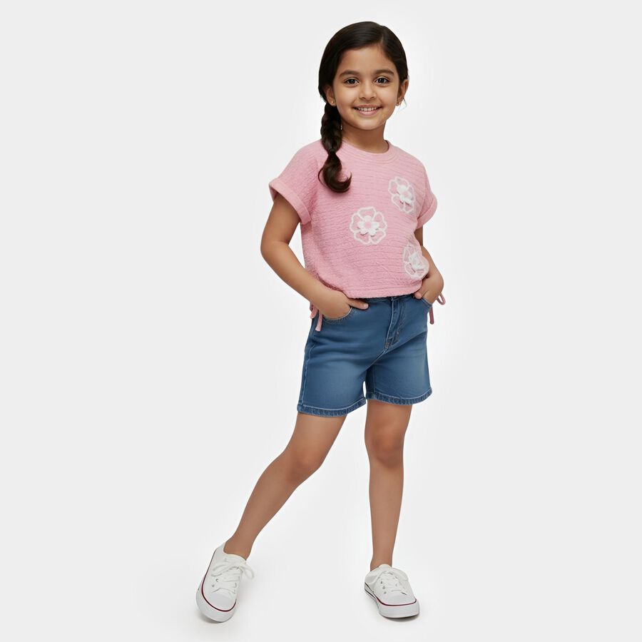 Girls' Pink Round Neck Casual T-Shirt, Light Pink, large