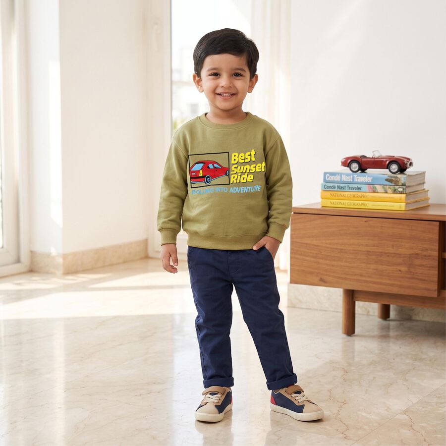 Boys' Olive Green Crew Neck Graphic Print Sweatshirt, ओलिव, large