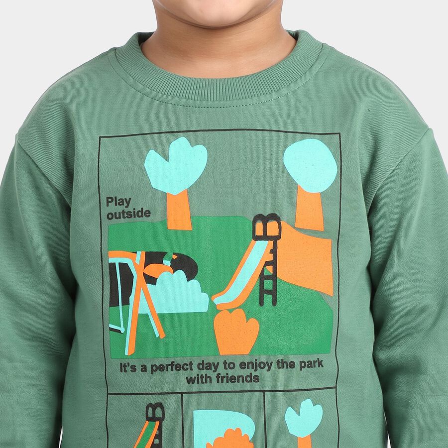 Boys' Green Crew Neck Pullover Sweatshirt, गहरा हरा, large
