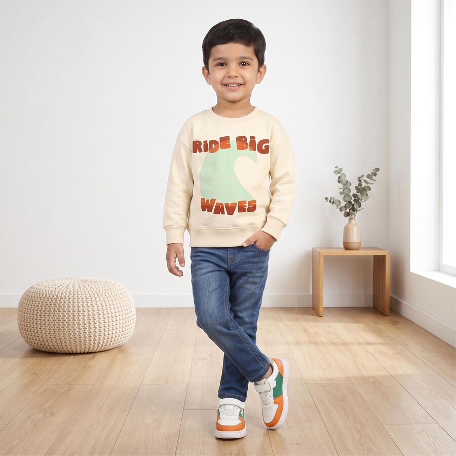 Boys' Cream Crew Neck Pullover Sweatshirt, Off White, large