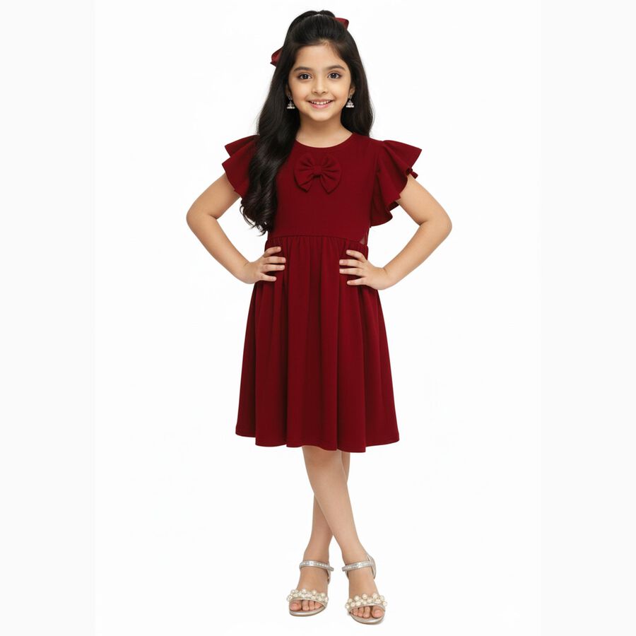 Girls Rich Maroon Bow Detail Ruffle Sleeve Dress, Maroon, large image number null