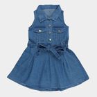 Girls' Blue Denim Sleeveless Belted Frock, Mid Blue, small