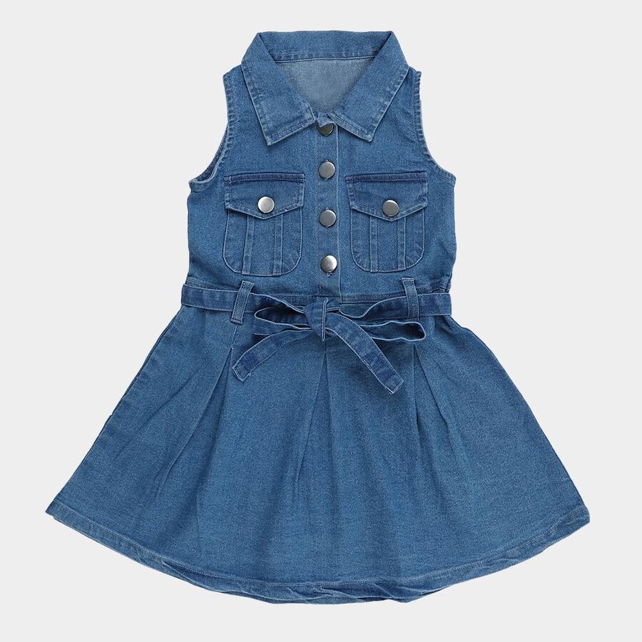 Girls' Blue Denim Sleeveless Belted Frock, Mid Blue, large