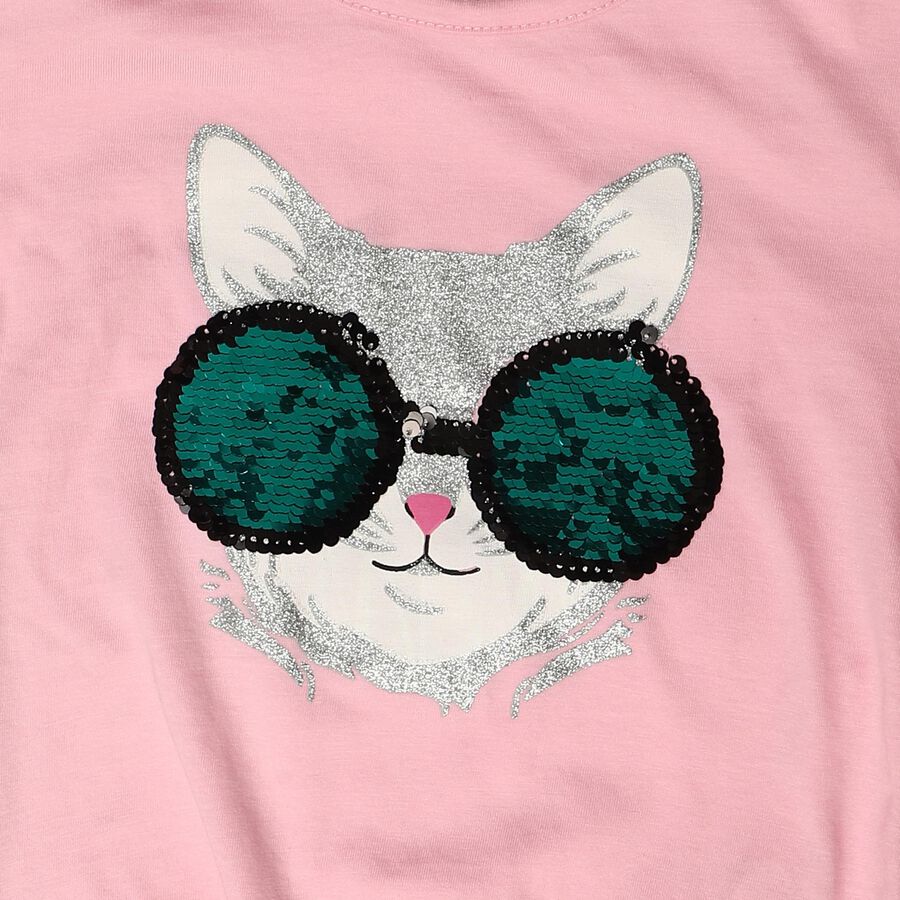 Girls Pink Cotton Round Neck Regular T-Shirt, हल्का गुलाबी, large