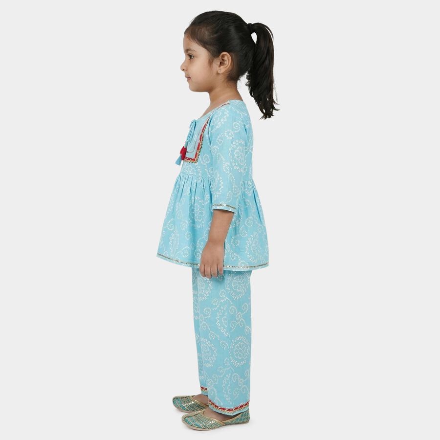 Girls' Sky Blue Round Neck Bandhani Print Peplum Top and Palazzo Fusion Set, हल्का नीला, large