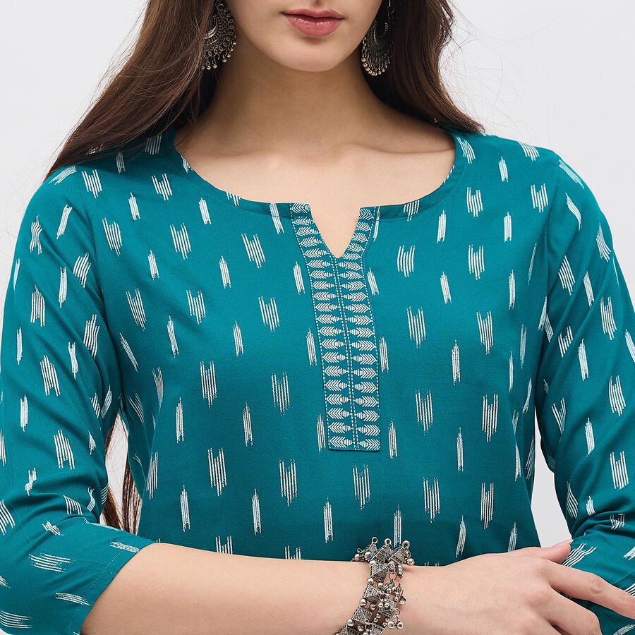 Women's Deep Teal Blue Notch Neck Printed Kurti, Mid Blue, large image number null
