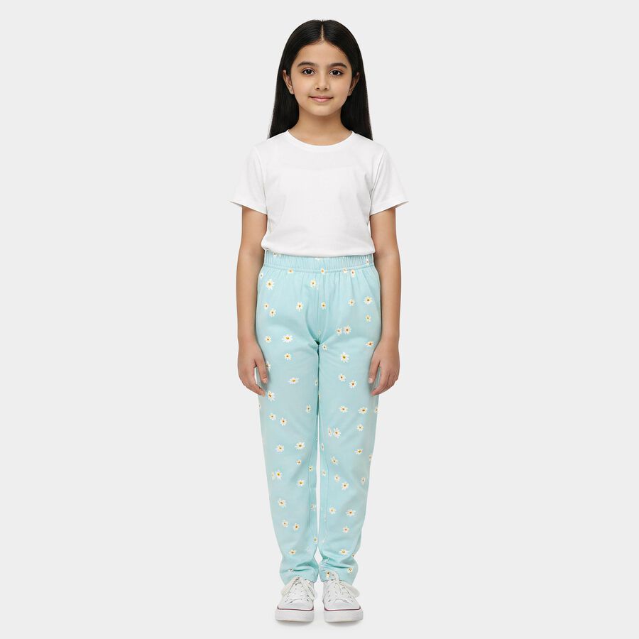 Girls Light Blue Straight Fit Floral Printed Pyjama, एक्वा, large