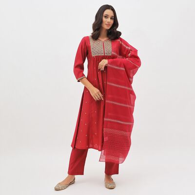 Women's Rich Crimson Embroidered Ethnic Set