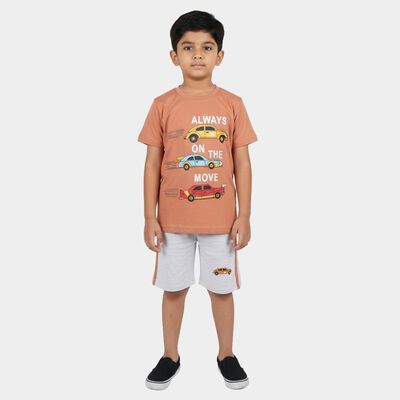 Boys Rust Cotton Round Neck Graphic Printed Baba Suit