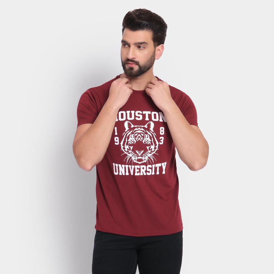 Men's Round Neck Half Sleeves T-Shirt , वाइन, large