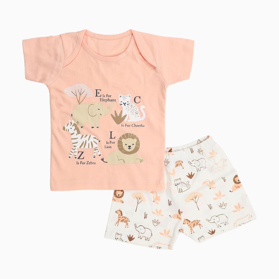 Infants' Peach Cotton Round Neck Animal Print Baba Suit, Peach, large image number null