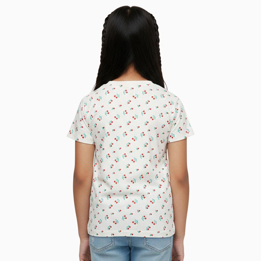 Girls' Off White Cotton Round Neck Casual T-Shirt, ऑफ व्हाइट, large