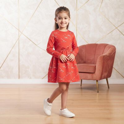 Girls' Red Bow Printed Fit and Flare Frock