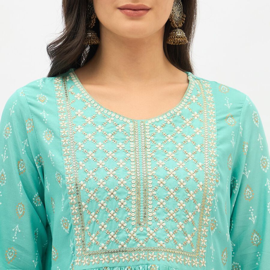 Women's Bright Aqua Blue Round Neck Embroidered Kurti, Aqua, large image number null