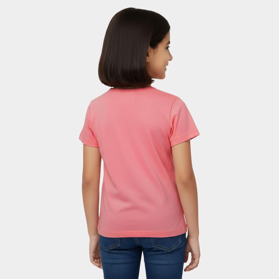 Girls' Pink Round Neck Graphic Printed T-Shirt, गुलाबी, large
