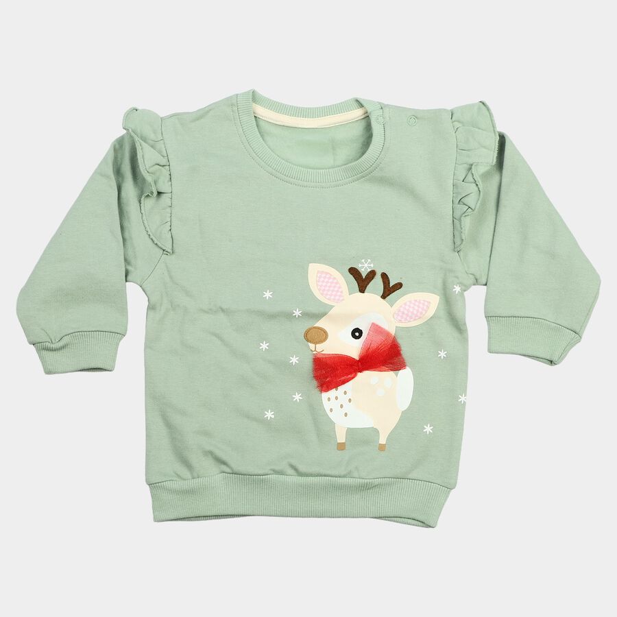 Infants' Sage Green Cotton Round Neck Pullover Sweatshirt, हल्का हरा, large