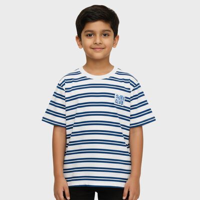 Boys Light Blue and White Cotton Crew Neck Casual T-Shirt