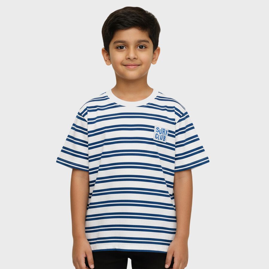 Boys Light Blue and White Cotton Crew Neck Casual T-Shirt, हल्का नीला, large