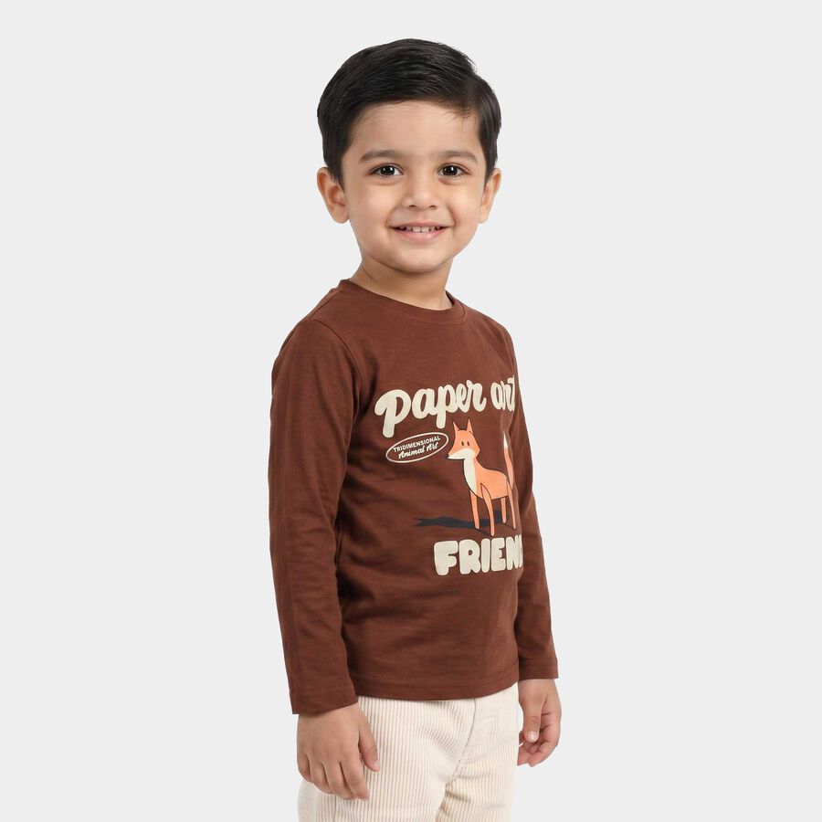 Boys Brown Cotton Blend Crew Neck Regular T-Shirt, Brown, large