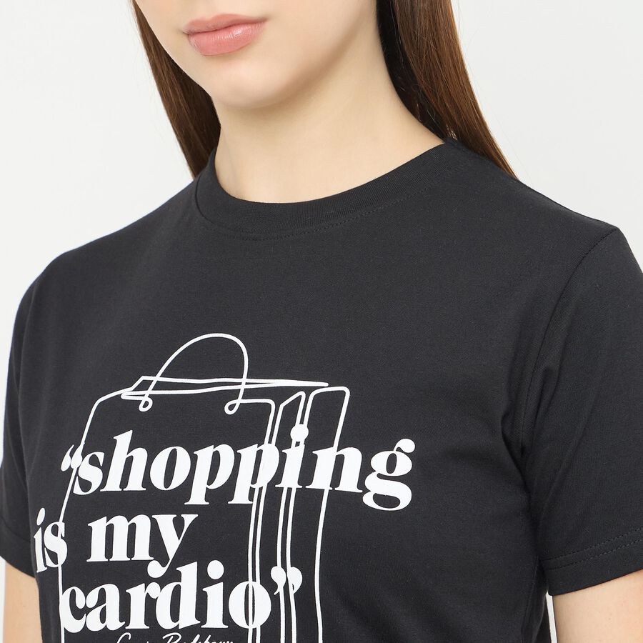 Women's Jet Black Cotton Round Neck Casual T-Shirt, Black, large